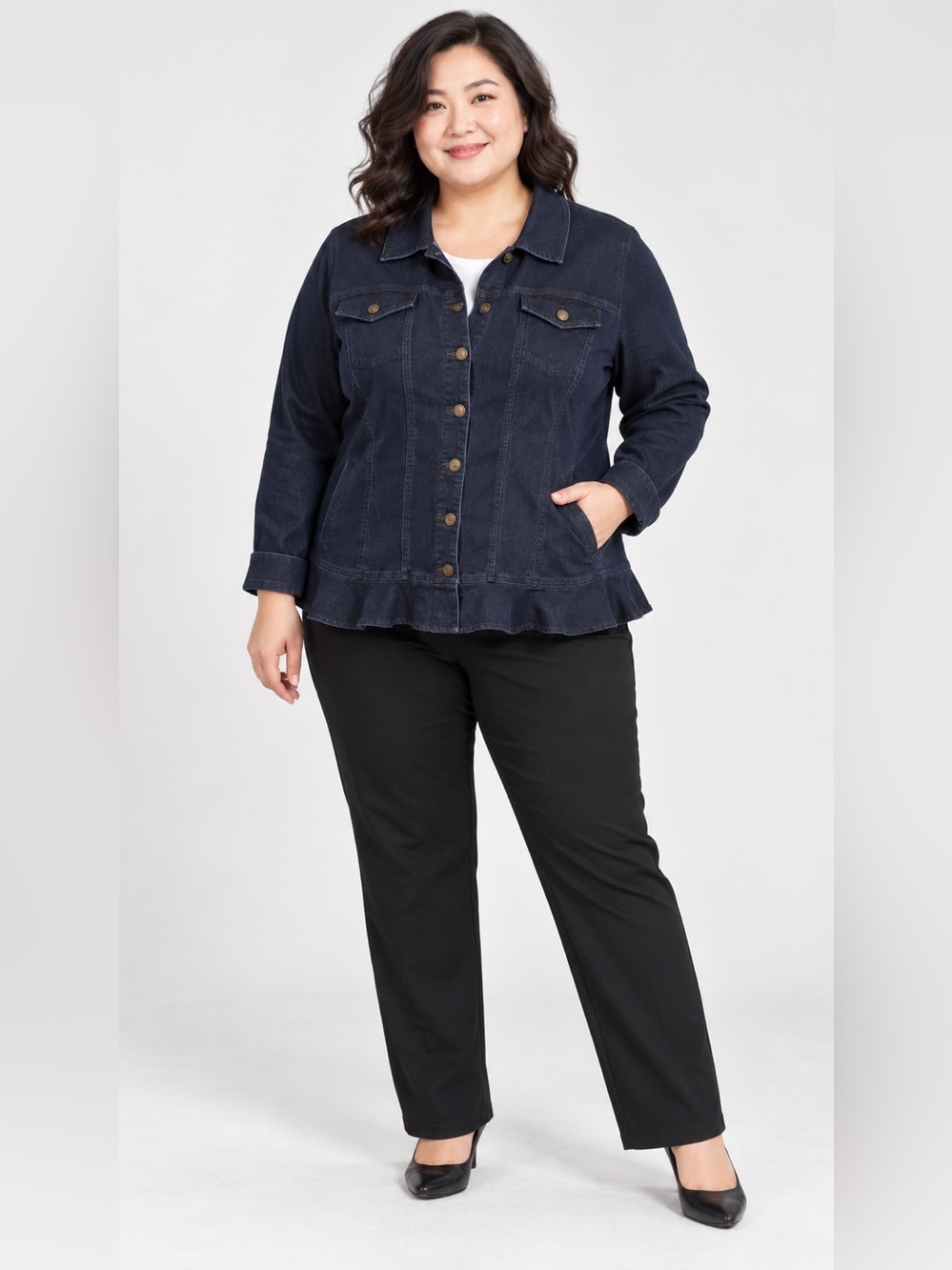 Nina Leonard 3XL Dark Indigo Stretch Denim Jacket with Ruffle Hem
